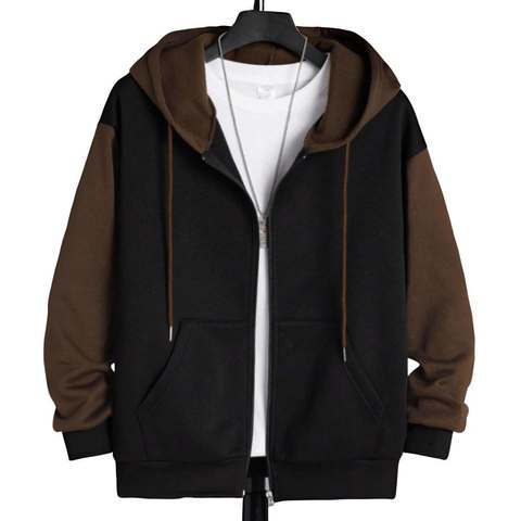 blusa-moletom-de-ziper-com-capuz-e-bolso-canguru-2-cores-estilo-casual-masculino-liso-pretomarrom - Imagem