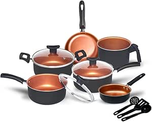 Conjunto de Panelas Antiaderente com Tampa de Vidro, 9 Peças, Revestimento Teflon, Cor Cobre, Utensílios em Nylon, Frigideiras e Caçarolas