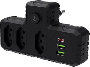 extensao-tomada-regua-tomada-regua-de-energia-adaptador-tomada-3-tomadas-2-interfaces-usb-1-porta-usb-tipo-c-preto - Imagem