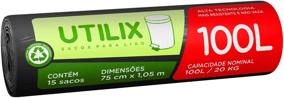 Utilix 100l Preto, Rolo Com 15 Sacos Para Lixo Dover-roll