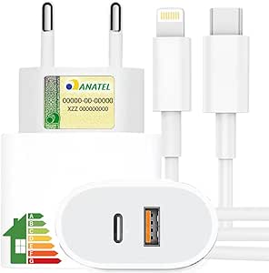 carregador-turbo-40w-compativel-iphone-x-xr-8-11-12-13-14-plus-pro-max-ipad-duas-entradas-usb-e-usb-c-tipo-c-com-cabo-tipo-c-lightning-carga-rapida-tecnologia-power-duo - Imagem