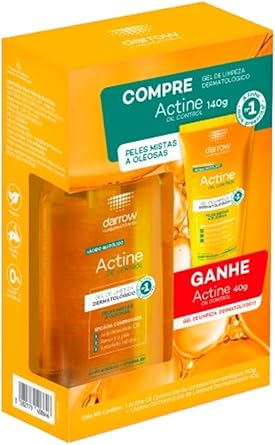 Darrow Actine Oil Control Kit Gel de Limpeza Dermatológico Facial com Ácido Glicólico e Vitamina B5 que Controla Oleosidade sem efeito rebote, Renova a Pele e Reduz Poros, 140g + 40g