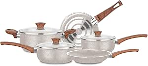 Conjunto de Panelas Vanilla Cerâmica 5 Peças – Antiaderente Cerâmico | 18cm, 20cm, Caçarola 22cm, Frigideiras 22cm e 24cm | Tampas de Vidro, Cabos Antitérmicos (VANILLA)