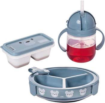 kit-introducao-alimentar-3-pecas-caneca-com-canudo-prato-termico-3-divisorias-ventosa-e-trava-e-porta-papinha-menino-plasutil - Imagem