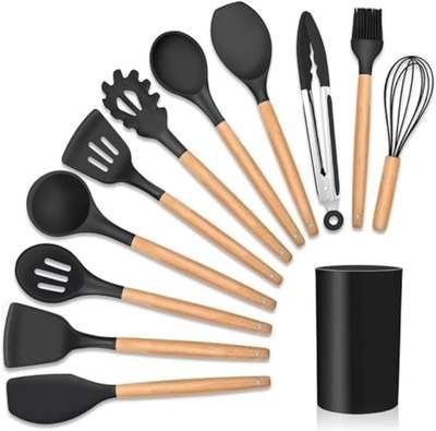 conjunto-utensilios-cozinha-em-silicone-cabo-de-madeira-kit-12-pecas-leve-premium-antiaderente-espatula-duraveis-confeitar-organizar-cozinhar-resistentes-altas-temperaturas-colher-concha-design - Imagem