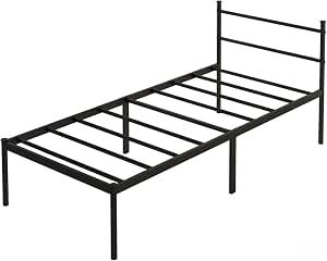 Estrutura de Cama de Solteiro Metálica Resistente com Cabeceira e Espaço de Armazenamento, Não Requer Colchão, Fácil Montagem, Altura 34 cm, Preto (Solteiro)