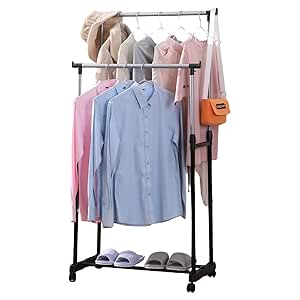 cabideiro-de-roupas-arara-organizador-duplo-movel-regulavel-com-roda-sapateira - Imagem