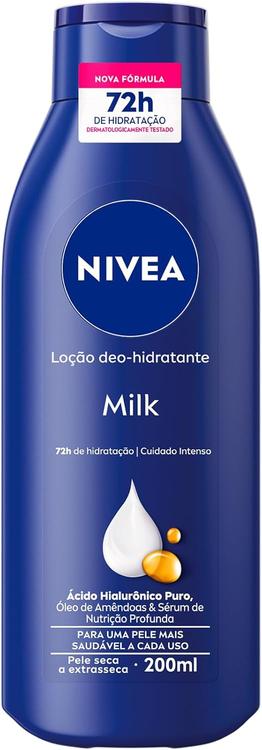 NIVEA Loção Deo-Hidratante Milk 200ml, Hidratação Profunda 72h, BBB 26, Corporal, Hialurônico Puro, Pele Seca e Extrasseca