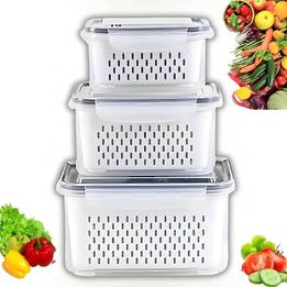 Kit 3 Potes Organizadores de Geladeira Hermético com Trava nas Tampas Borracha Isolante e Cesto de Escorrer Removível - Organizador de Alimentos Frutas Legumes Saladas - Sem BPA - Ultra Qualidade