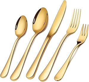 Conjunto de Talheres 30 Peças Aço Inoxidável Premium - 6 Facas, 6 Garfos, 6 Colheres, 6 Garfos Salada, 6 Colheres Chá - Presente Elegante para Casa/Restaurante- Dishwasher Safe (ouro)