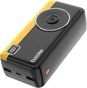 Power Bank 30000mAh, Basike Carregador Portátil 2 Saídas USB-A(até 22.5W) + Tipo-C(até 22.5W) com Cabo, Carregamento Rápido, Led Indicador de Bateria Proteção Inteligente (Amarelo)