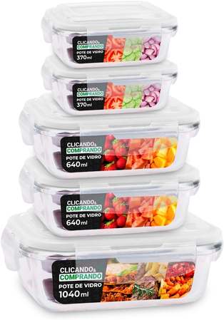 Kit 5 Potes de Vidro Hermético Geladeira Marmita Tampa 370ml/640ml/1040ml