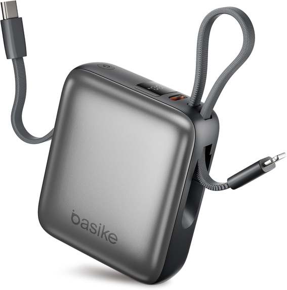 Basike Carregador Portátil 10000mAh, Mini Power Bank (Cinza) | Cabos Integrados, Carregamento Rápido
