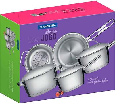Tramontina Conjunto De Panelas 5 Peças De Aco Inox Fundo Triplo - Cozimento + Rapido E Uniforme, Tampas Com Saída De Vapor - Allegra - Embalagem Caixa Parda