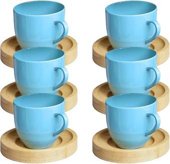 jogo-6-xicara-cafe-colorida-porcelana-pires-madeira-95ml-mundo-da-porcelana-verde - Imagem