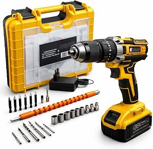Parafusadeira E Furadeira Impacto 36v Com LED Sem Fio 13mm Nakasaki Maleta Acessórios Completo Amarelo Bivolt 50/60 Hz