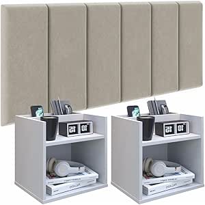 conjunto-cabeceira-casal-140cm-com-kit-de-mesa-de-cabeceira-suspenso-com-porta-celular-bege-branco - Imagem