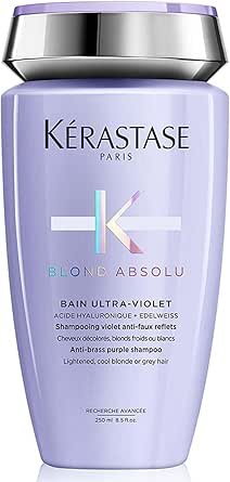 kerastase-shampoo-blond-absolu-bain-ultra-violet-cabelos-loiros-descoloridos-hidratacao-neutraliza-os-tons-amarelados-acido-hialuronico-flor-de-edelweiss-250-ml - Imagem