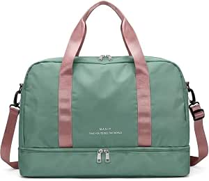 Bolsa de Viagem com Compartimento para Sapatos, Alça Transversal, Mala Esportiva para Academia e Viagens (Verde Menta Escuro com Rosê)