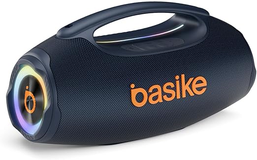 Basike Caixa de Som Bluetooth Portátil 80W RMS (Pico 120W), TWS Estéreo, Modos EQ, Luzes RGB, IPX6 Resistente à Água, Bateria 8000mAh, para Home Theater, Festa e Uso Externo – Azul