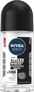 NIVEA MEN Desodorante Antitranspirante Roll On Invisible Black & White 50ml - Proteção prolongada de 48h, cuidado suave, ação antibacteriana, fórmula 5 em 1: anti-manchas, anti-odor