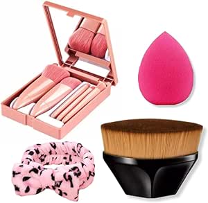 kit-5-pinceis-de-maquiagem-de-bolsa-com-espelhinho-pincel-kabuki-blogueira-tiktok-faixa-para-maquiagem-esponjinha-macia-de-maquiagem - Imagem