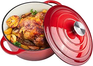 ferro-fundido-esmaltado-para-forno-holandes-de-6-litros-com-tampa-alcas-duplas-grandes-seguro-para-forno-ate-260-c-panela-redonda-classica-para-cozinhar-vermelho-versatil - Imagem