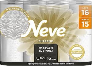 Papel Higiênico Neve Folha Tripla, Leve 16 Pague 15 Rolos | Supreme, 20m