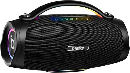 Caixa de Som Bluetooth Portátil 200W, Basike Boombox V97 Pro com Powerbank, IPX6 À Prova D'água e Resistente À Poeira, Luz RGB Surround, Tecnologia TWS, 8h de Autonomia, EQ/TWS/TF/AUX