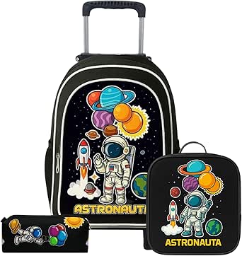 Kit Mochila de Rodinha Escolar Masculina Infantil Menino + Lancheira + Estojo Grande Astronauta 2