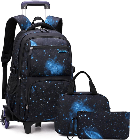 acagala-mochila-rolante-infantil-para-meninos-meninas-mochila-com-rodas-carrinho-mochila-escolar-mochila-com-lancheira-bolsa-de-lapis-ceu-estrelado-preto-e-azul-ceu-estrelado-preto-e-azul - Imagem