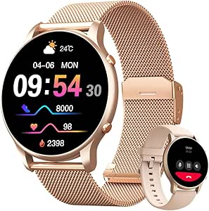 smartwatch-feminino-132-full-touch-ip68-a-prova-dagua-ligacoes-bluetooth-100-modos-esportivos-notificacoes-inteligentes-assistente-de-voz-compativel-com-iosandroid-inclui-2-pulseiras-ouro - Imagem