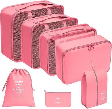 Organizador Viagem Kit 7 Peças - Necessaire para Bagagem Malas Roupas Bolsa Cosméticos Higiene - Dobrável Impermeável Multiuso Feminina Masculina Unissex Grande Compacto Prático (ROSA)