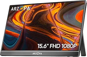 Monitor Portátil ARZOPA 15,6'' FHD 1080P - Monitor Ultra Fino para Laptop com Suporte - Display IPS para PC, MAC, Smartphone, Xbox, PS5 - Conectividade USB C e HDMI -A1