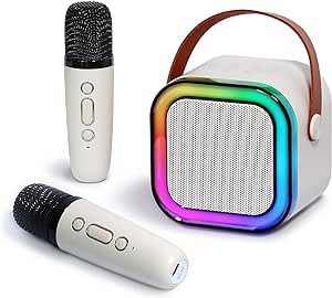 pequeno-portatil-bluetooth-microfone-karaoke-caixa-de-som-luzes-led-dinamicas-embutidas-com-2-microfone-sem-fio-para-infantil-adultos-familiares-ar-livre-fogueira-festa-presente - Imagem