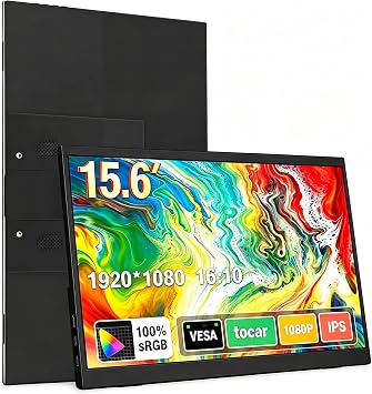 Monitor portátil de 15,6 polegadas, conectividade USB-C e HDMI, resolução Full HD 1080p, falantes integrados compatível com diversos dispositivos–Preto
