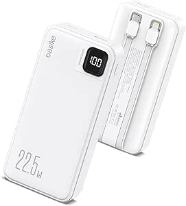 basike-power-bank-carregador-portatil-universal-20000mah-usb-aate-225wusb-cate-pd20w-com-2-cabos-integrados-usb-c-lightning-carregamento-rapido-led-indicador-de-bateria-branco - Imagem