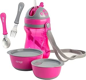 clingo-kit-escolar-infantil-2-tigelas-com-tampa-copo-com-alca-e-canudo-colher-e-garfo-rosa - Imagem