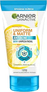 Garnier Sabonete Facial 3 em 1 Uniform & Matte Antiacne, Esfolia Levemente, com Ação Antiacne, Antimarcas e Antioleosidade, 120g