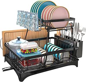 escorredor-de-loucas-organizacao-de-cozinha-2-camadas-inox-escorredor-de-louca-com-bandeja-suspenso-modular-porta-talheres-destacavel-suporte-de-copos-cozinha-bancada-pia-preto - Imagem