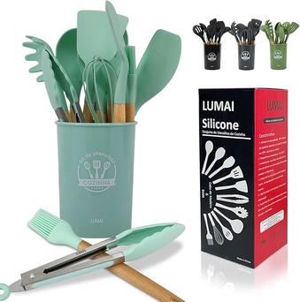 kit-12-utensilios-de-cozinha-em-silicone-e-cabo-de-madeira-lumai-corpreto - Imagem