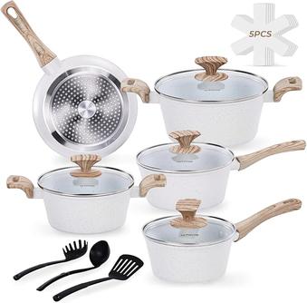 Jogo de Panelas Cerâmica Antiaderente 13 Peças, Fundo Triplo Indução Cabo Soft Touch Tampa Vidro, Branco