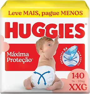 Fralda Descartável Huggies Máxima Proteção Tamanho XXG 140 unidades – aberta com tecnologia Xtra-Flex, canais em X que se adaptam aos movimentos e máxima proteção