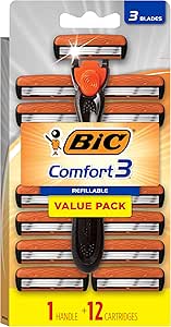 bic-comfort-3-barbeadores-descartaveis-de-tres-laminas-recarregaveis-para-homens-pele-sensivel-para-um-barbear-confortavel-1-cabo-e-12-cartuchos-com-3-laminas-kit-de-13-pecas - Imagem