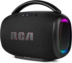Caixa de Som Bluetooth RCA RS-FR213 120W – Alto-Falante com Luzes LED Sincronizadas, 4 Modos Ritmo Música,Rádio FM/USB/AUX, Bateria 8h, Alça de Transporte – Ideal para Festas e Uso Doméstico
