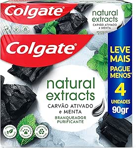Colgate Creme Dental Clareador Natural Extracts Carvão Ativado 90g, 4 Unidades, Clareamento Dental com Extratos Naturais, Sorriso Mais Branco