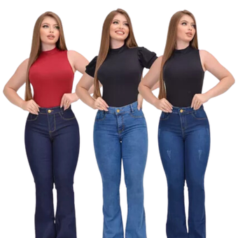 kit-3-calcas-jeans-flare-feminina-cintura-alta-elastano - Imagem