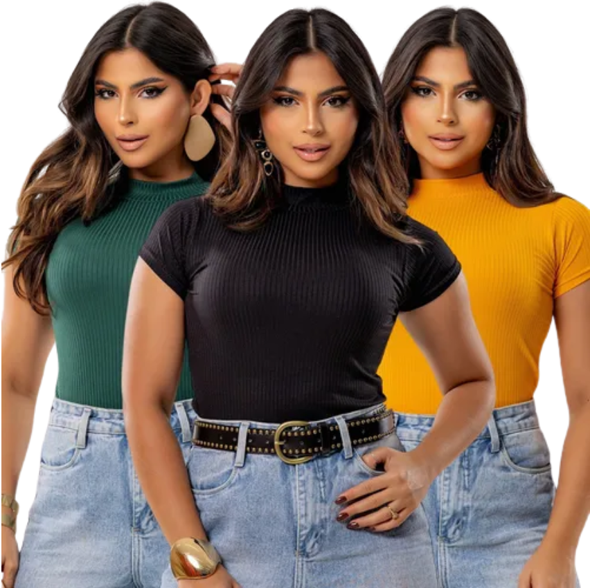 kit-3-blusa-blusinha-canelada-gola-alta-com-manga-curta - Imagem