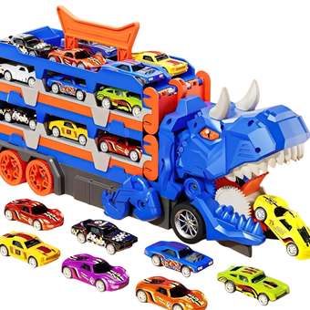 Caminhão Dinossauro Pista Com Carrinhos Maleta Transporte Cor Azul