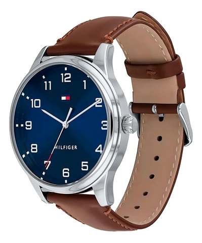 Relógio Tommy Hilfiger 1791659 Cor De Malha Original: Cor De Moldura Marrom, Cor De Fundo Prateada, Cor De Fundo Azul